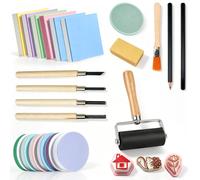 Impression Linol 21 Pièces Kit Linogravure Linocut Kit，Linogravure Linocut | avec 12 Tampon Caoutchouc Massif 4 Couteaux à Graver 1 Rouleau Encreur 1 Baren pour Gravure 2 Crayons Dessin 1 Gomme 1 Brosse