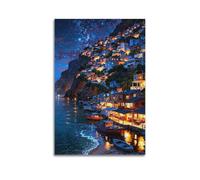 Impression lumineuse de ville côtière étoilée - Poster de bord de mer - Impression sur toile étincelante - Décoration murale artistique moderne à suspendre - 40 x 60 cm