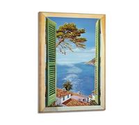 Impression murale de fausse fenêtre, montrant l'été chaud, magnifique ciel et bord de mer bleu, affiche sur toile de style unique, impression d'art mural de fausse fenêtre, montrant l'été chaud