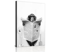 Impression murale en noir et blanc - Impression sur toile pour salle de bain - Motif animal, éléphant, zèbre, pingouins, girafe, animal dans la baignoire - Sans cadre - Singe - 60 x 90 cm - 1 pièce