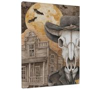 Impression murale rustique d'Halloween, crâne marron beige, cowboy, décoration d'intérieur de style occidental pour salon, chambre à coucher, bureau, toile encadrée 20,3 x 30,5 cm