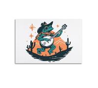 Impression murale vintage de cactus du désert du sud-ouest - Illustration musicale amusante et fantaisiste - Motif grenouille folklorique - Animal jouant au banjo - Poster pour chambre à coucher