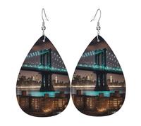 Impression Nocturne Du Pont De Manhattan À New York Boucles D'Oreilles En Cuir Tendance Boucle D'Oreille Double Face Pendantes En Cuir Pour Quotidien Femme