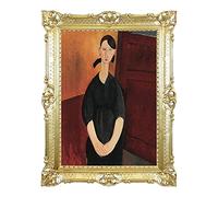 Impression sur bannière toile, tableau Modigliani, peinture portrait de Paulette avec cadre en style baroque 86 x 67 cm (or)