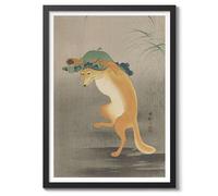 Impression sur bois japonaise représentant un renard dansant, affiche vintage japonaise esthétique, décoration murale Ukiyo-E pour chambre à coucher, décoration d'intérieur, A2 (cadre noir) - 62,5 x