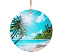 Impression sur le thème de l'océan tropical, de la plage, cadeaux de Noël pour amis, famille, circulaire en céramique, ornements de Noël à suspendre pour décoration d'arbre