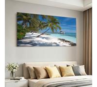 Impression sur Toile 100 x 70 cm Style Côtier Méditerranée, Tableau Decoration Murale - Plage Océan Cocotiers, Tableaux Decoratifs Muraux Chambre Horizontal Deco Cadre Décoration Salon - Bleu