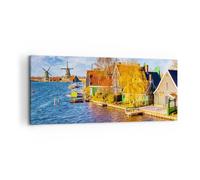 Impression sur Toile 100x40cm Tableaux Image Campagne Moulin à Vent Eau Village