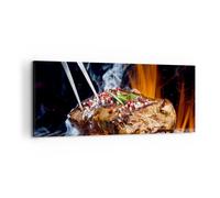 Impression sur Toile 100x40cm Tableaux Image Photo Steak Grill Flames nourriture