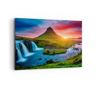 Impression sur Toile 100x70cm Tableaux Coucher de soleil Cascade Islande volcan