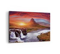 Impression sur Toile 100x70cm Tableaux Image Kirkjufell Chute D'Eau Montagne