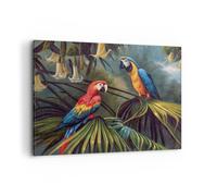 Moderne Impression sur Toile 100x70cm Image Tableau Decoration Murale Ara Perroquets Palmiers Grand Tableaux Decoratifs Muraux Chambre Horizontal Deco Cadre Décoration Salon Art Wall AA100x70-4780