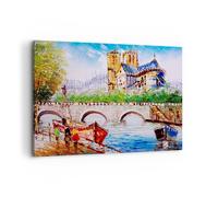Impression sur Toile 100x70cm Tableaux Image Photo Bateau rivière pont dessin
