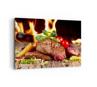 Impression sur Toile 100x70cm Tableaux Image Photo Nourriture bois feu steak
