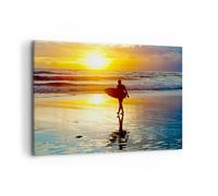 Impression sur Toile 100x70cm Tableaux Surfeur Coucher de soleil Océan planche