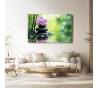 Impression sur toile 120L x50l cm decoration chambre -tableau decoration murale Orchidée, pierre, zen decoration maison - Tableau Moderne - toile peinture Violet Vert