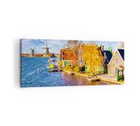 Impression sur Toile 120x50cm Tableaux Image Campagne Moulin à Vent Eau Village