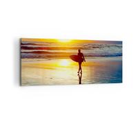 Impression sur Toile 120x50cm Tableaux Surfeur Coucher de soleil Océan planche