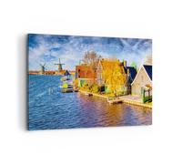 Impression sur Toile 120x80cm Tableaux Image Campagne Moulin à Vent Eau Village