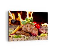 Impression sur Toile 120x80cm Tableaux Image Photo Nourriture bois feu steak