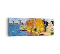 Impression sur Toile 140x50cm Tableaux Image Campagne Moulin à Vent Eau Village