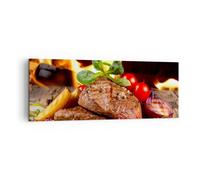 Impression sur Toile 140x50cm Tableaux Image Photo Nourriture bois feu steak