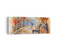 Impression sur Toile 140x50cm Tableaux Image Photo Sentier banc automne femme