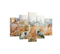 Moderne Impression sur Toile 150x100cm Image Tableau Decoration Murale Grues Oiseaux Automne Tableaux Decoratifs Muraux Chambre Triptyque 5 parties Deco Cadre Décoration Salon Art Wall EA150x100-5077