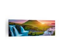 Impression sur Toile 160x50cm Tableaux Coucher de soleil Cascade Islande volcan