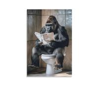 Impression sur toile 3D Gorilles lisant des journaux - Image drôle pour salle de bain, imprimé mural amusant pour les enfants, décoration moderne et intéressante pour les toilettes, affiche abstraite