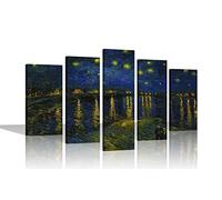 Impression sur toile 5 panneaux pour salon, bureau ou chambre à coucher - Nuit étoilée au-dessus du Rhône par Vincent Van Gogh - 112 cm x 61 cm