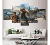 Impression sur Toile 5 Parties Image Imprimée sur Toile Jeu God of War Kratos Peinture Décoration Murale 150×80Cm avec Cadre Encadrée Prêt À Accrocher Artwork La Peinture