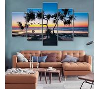 Impression sur toile 5 Parties peinture sur toile tableau decoration murale salon,Palmier éventail sur la plage au coucher du soleil arc-en-ciel,tableau xxl,cadre,decoration chambre maison,150x80cm