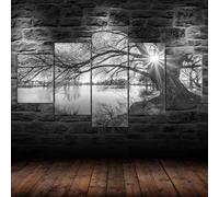 Impression sur Toile 5 Parties Tableau Tableaux Paysage De Rayons De Soleil De Lac D'arbre Solitaire Noir Et Blanc Decoration Murale Photo Image Artistique Photographie Graphique Maison Décor Cadre