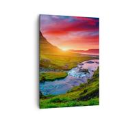 Impression sur Toile 50x70cm Tableaux Coucher de soleil Cascade Islande volcan