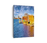 Impression sur Toile 50x70cm Tableaux Image Campagne Moulin à Vent Eau Village
