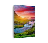 Impression sur Toile 70x100cm Tableaux Coucher de soleil Cascade Islande volcan