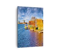 Impression sur Toile 70x100cm Tableaux Image Campagne Moulin à Vent Eau Village