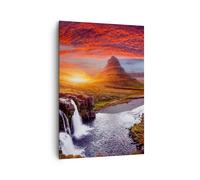 Impression sur Toile 70x100cm Tableaux Image Kirkjufell Chute D'Eau Montagne