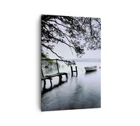 Impression sur Toile 70x100cm Tableaux Image Photo Lac quai bateau arbres