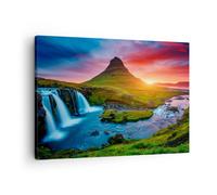 Impression sur Toile 70x50cm Tableaux Coucher de soleil Cascade Islande volcan