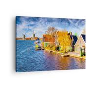 Impression sur Toile 70x50cm Tableaux Image Campagne Moulin à Vent Eau Village