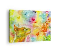 Impression sur Toile 70x50cm Tableaux Image Chat papillon arc-en-ciel magie