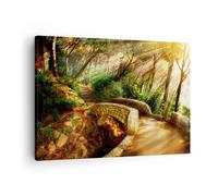 Impression sur Toile 70x50cm Tableaux Image Chemin pont en pierre forêt automne
