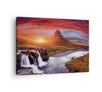 Impression sur Toile 70x50cm Tableaux Image Kirkjufell Chute D'Eau Montagne