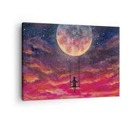 Impression sur Toile 70x50cm Tableaux Image Photo Lune Balançoire Femme