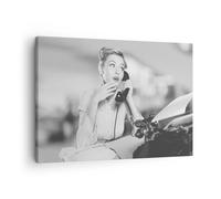 Impression sur Toile 70x50cm Tableaux Image Vintage Noir Et Blanc Téléphoner