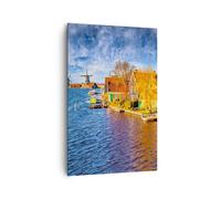 Impression sur Toile 80x120cm Tableaux Image Campagne Moulin à Vent Eau Village