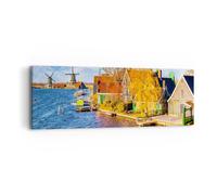 Impression sur Toile 90x30cm Tableaux Image Campagne Moulin à Vent Eau Village