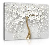 WallArena - Impression sur toile - Arbre - 120x80 cm - Tableau decoration murale - Tableau mural XXL grand format pour salon, chambre à coucher - Impression artistique - Fleurs blanches